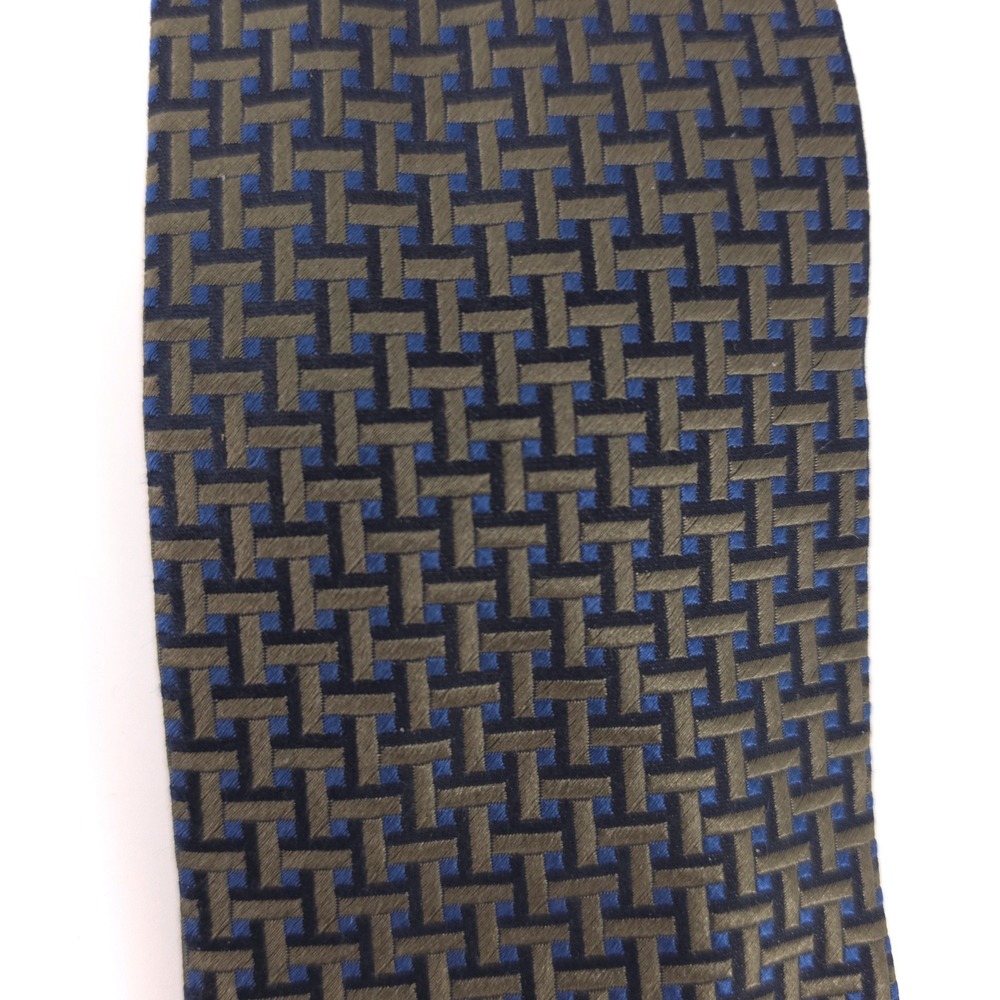 Canali Mens Tie 100% Silk Olive Green Navy Geometric Basketweave Made in Italy - Picture 7 of 10